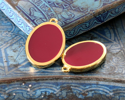 24K Gold (Plated) Cranberry Enamel Oval Focal 16x25mm