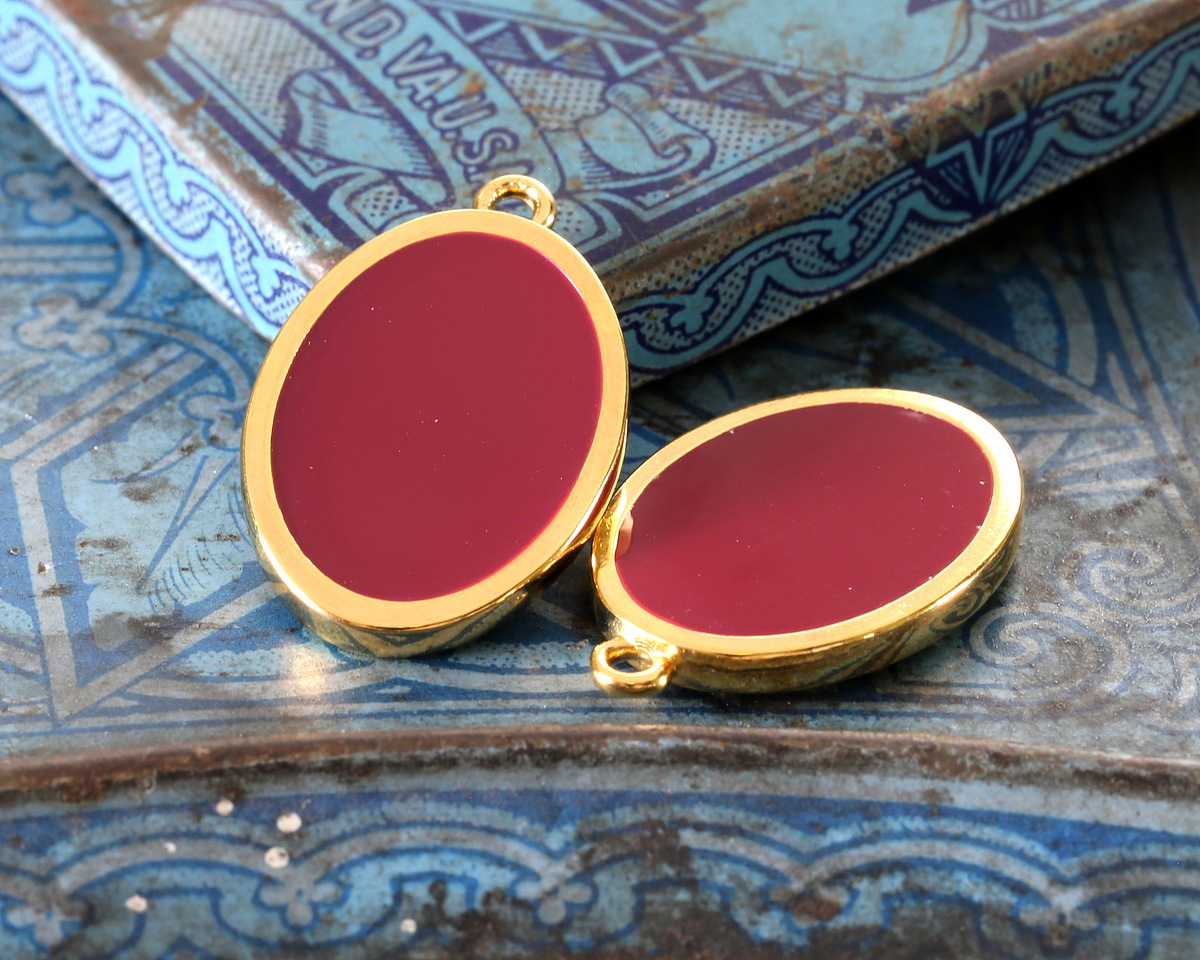 24K Gold (Plated) Cranberry Enamel Oval Focal 16x25mm