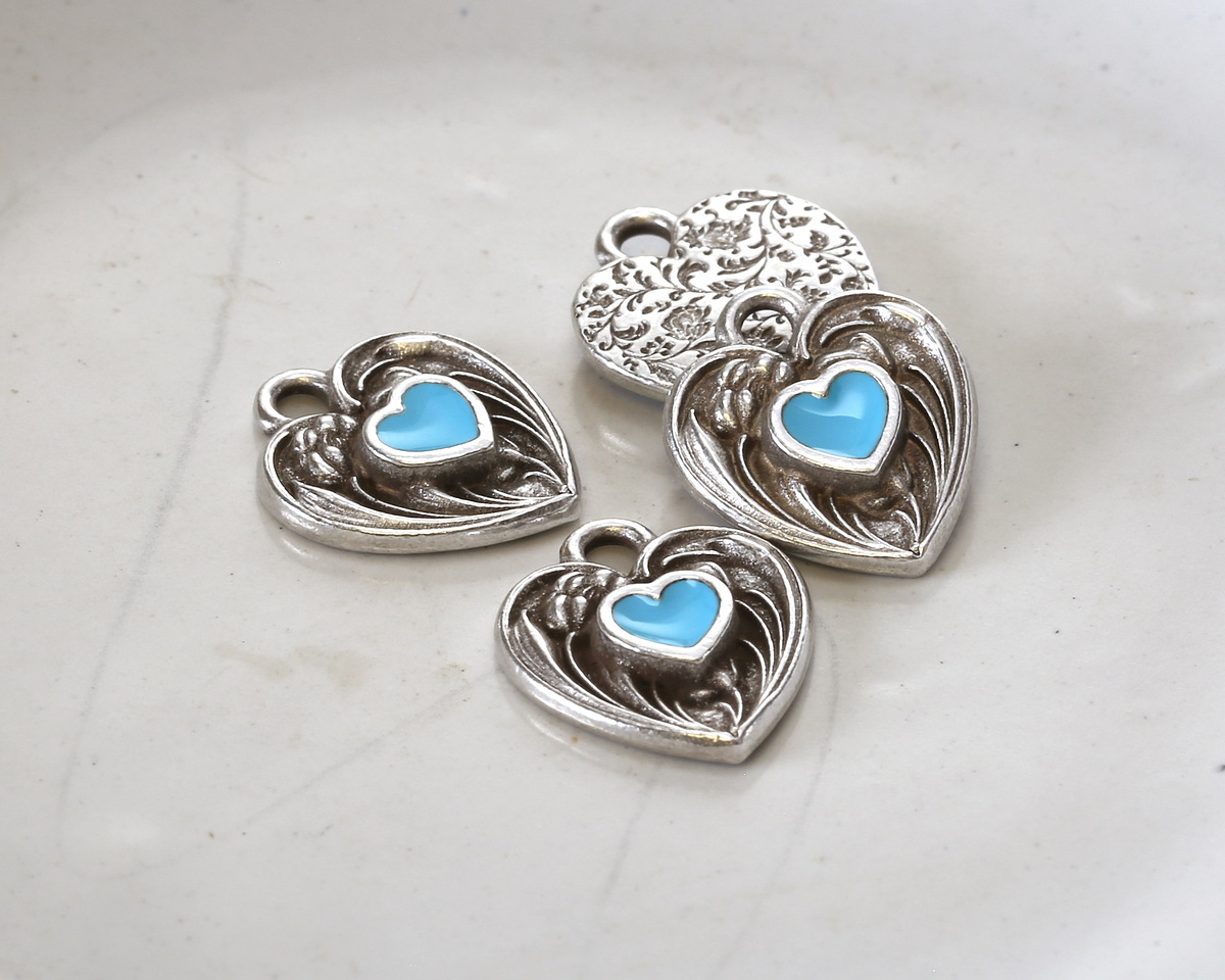 TierraCast Antique Silver (plated) Light Sky Blue Enamel Heart in Heart Shaped Focal 12.5x14mm