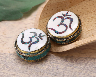 Nepalese Brass w/ Turquoise & Coral Mosaic Om in White Shell w/ Turquoise Band Coin Bead 19-21mm