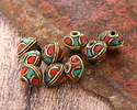 Nepalese Brass w/ Turquoise & Coral Mosaic w/ Half Circles Saucer Bead 8.5x11mm
