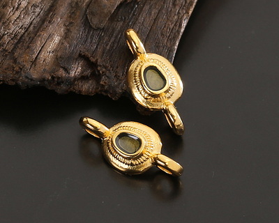 24K Gold (plated) Transparent Gray Enamel Ornate Organic Oval Focal Link 15x7mm