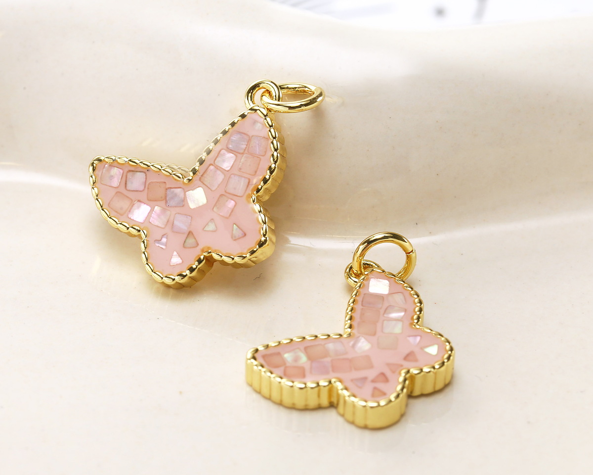 Mother of Pearl in Light Rose Enamel w/ Gold Finish Butterfly Pendant 13x16mm
