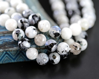 Rainbow Moonstone w/ Black Tourmaline Round 8mm