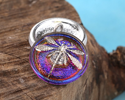 Czech Glass Electric Purple w/ Silver Dragonfly Button 18mm