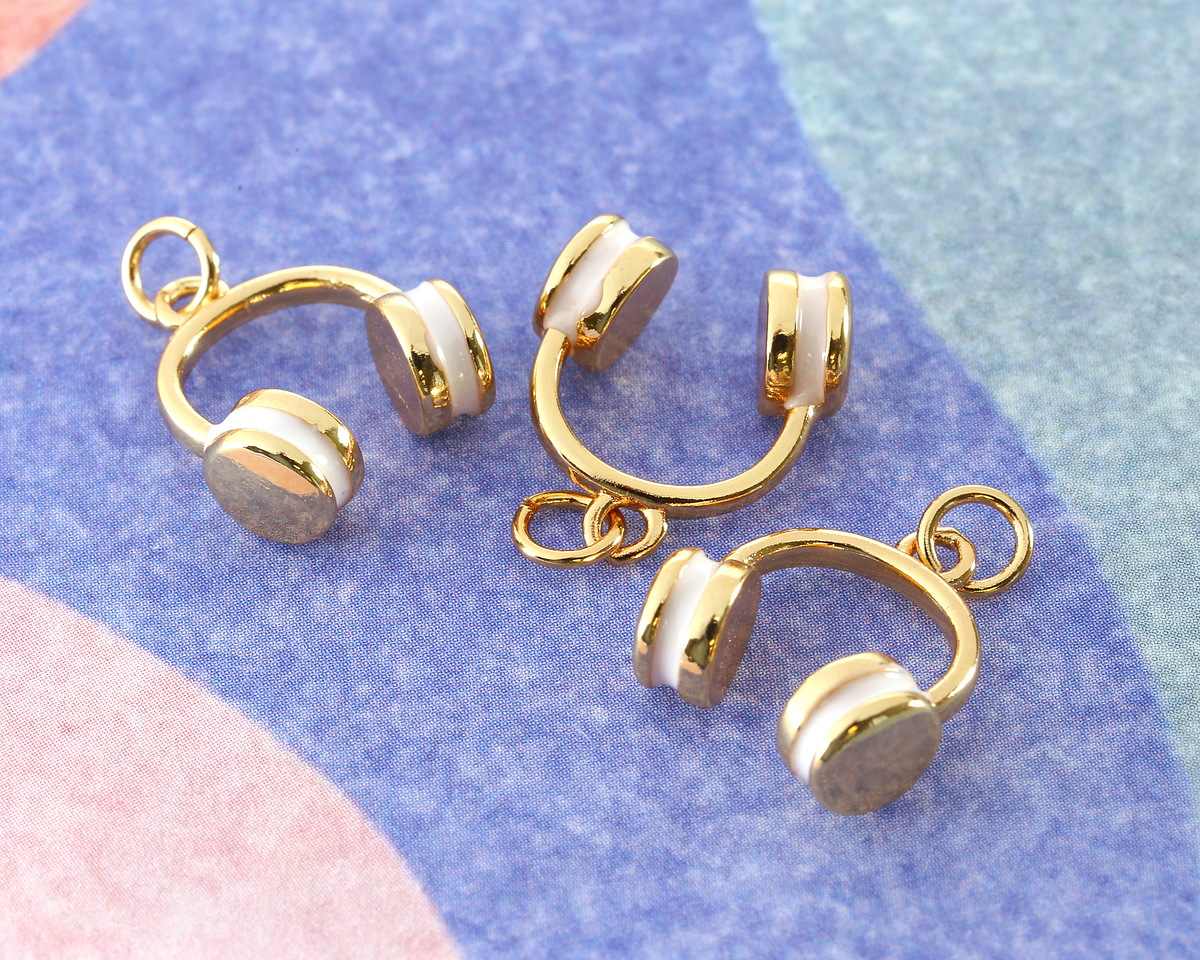 White Enamel w/ Gold Finish Headphones Charm 14x16mm