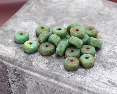 Czech Glass Textured Turquoise w/ Picasso Heishi 3x6mm