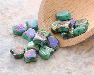 Czech Glass Laser Etched Mixed Designs on Turquoise w/ Rainbow Finish 2-Hole Ginkgo Leaf 7.5mm