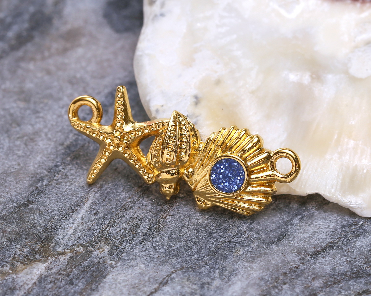 24K Gold (plated) Navy Blue Glitter Enamel Sea Elements Focal Link 26x11mm