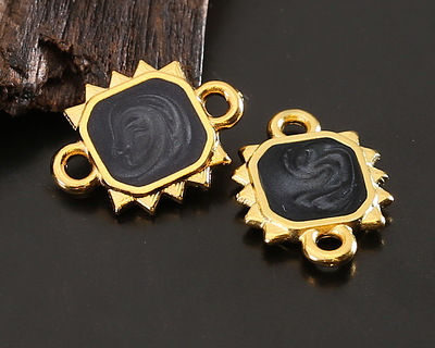24K Gold (plated) Jet Pearl Enamel Square Sun Focal Link 19x10mm