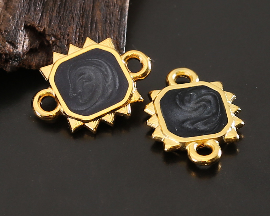 24K Gold (plated) Jet Pearl Enamel Square Sun Focal Link 19x10mm