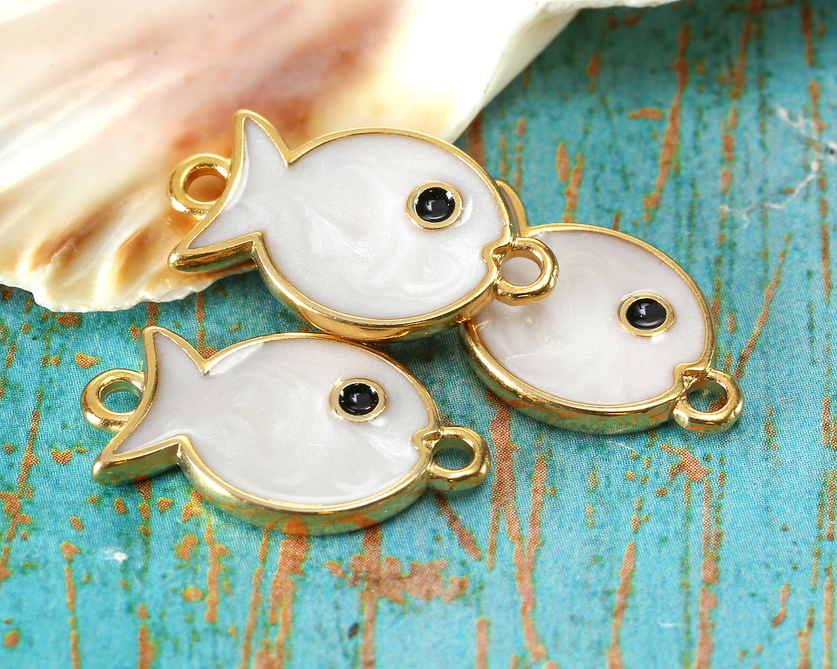 24K Gold (plated) White Pearl Enamel Fish Focal Link 19x11mm