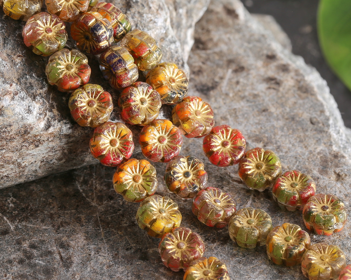 Czech Glass Tropical Mix (German Glass) w/ Gold Wash Hibiscus Coin 8mm