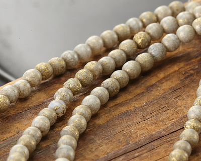 Czech Glass Etched White w/ Gold Round Druk 4mm