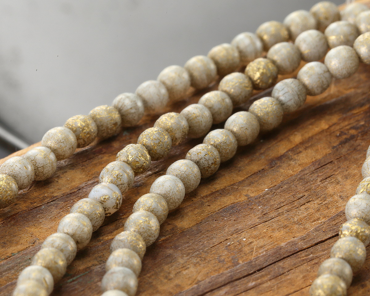 Czech Glass Etched White w/ Gold Round Druk 4mm