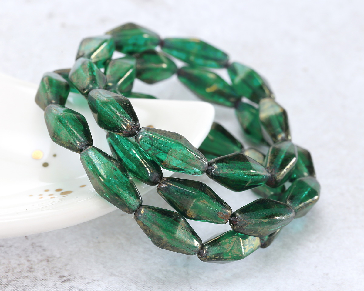 Czech Glass Emerald w/ Gold Luster Rhombus 14x7mm