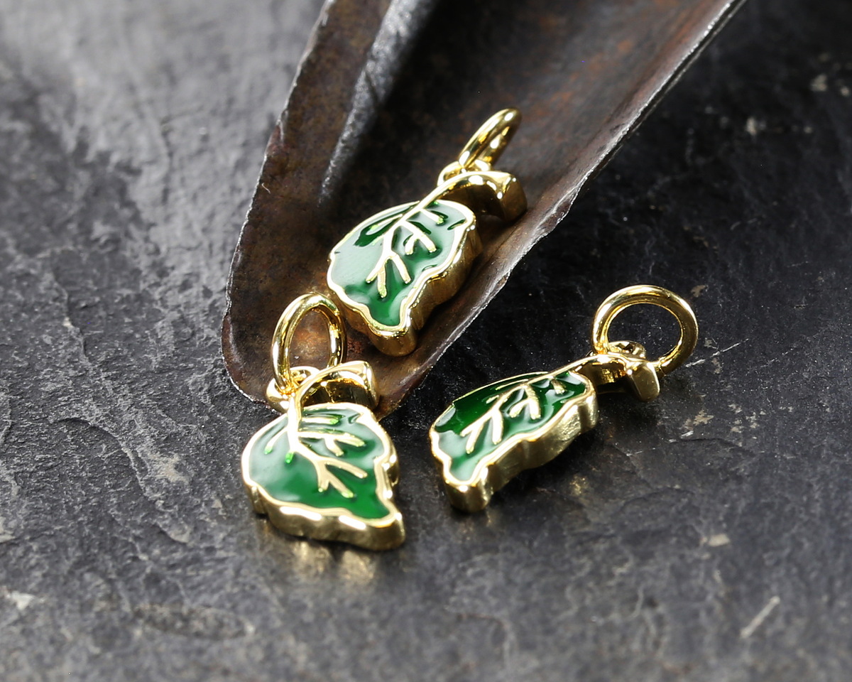 18k Gold (plated) Green Enamel Leaf Focal 7x12.5mm