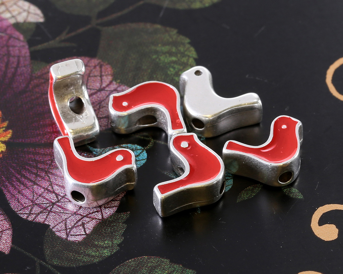 Antique Silver (plated) Red Enamel Bird Bead 8x12.5mm