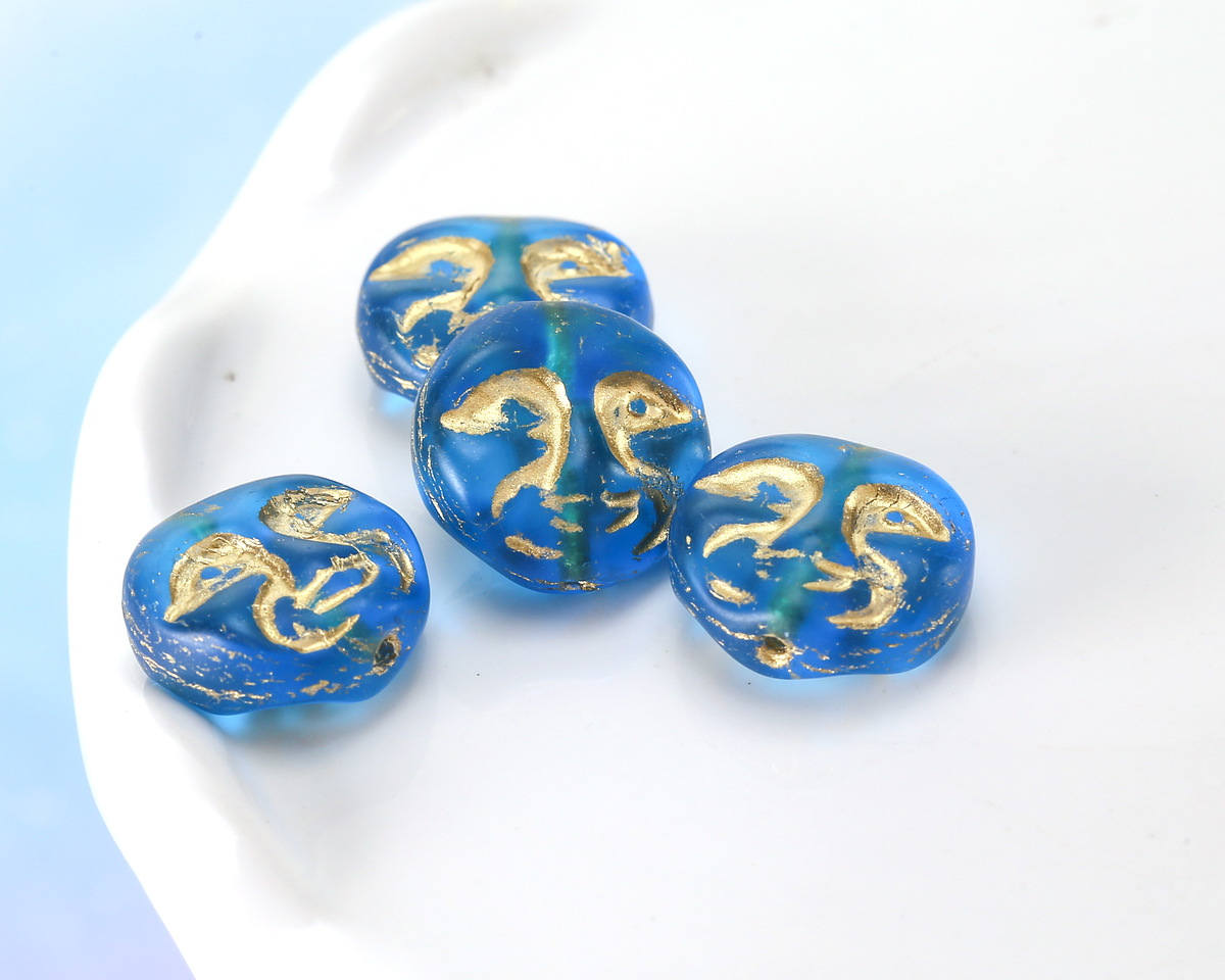 Czech Glass Matte Capri Blue w/ Gold Moon Face 13mm