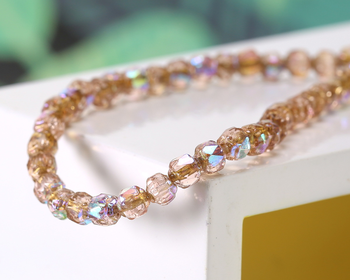 Czech Glass Rosaline AB w/ Gold Lantern 4mm