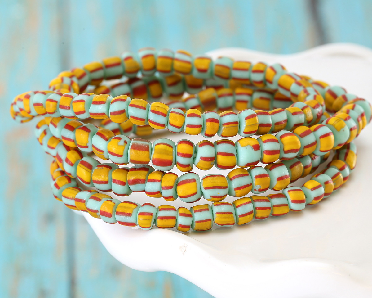 Java Glass Turquoise & Yellow w/ Red Stripes Graduated Gooseberry Beads 3-6x4-6mm
