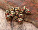 Nepalese Brass Bead w/ Turquoise Dots & Coral Mosaic Plumes 8x9mm
