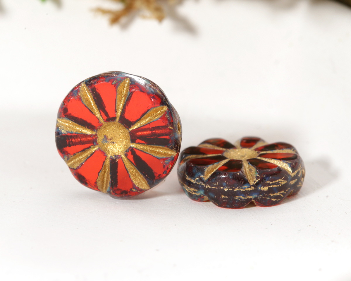 Czech Glass Campfire Picasso w/ Gold Flower Window Coin 12mm