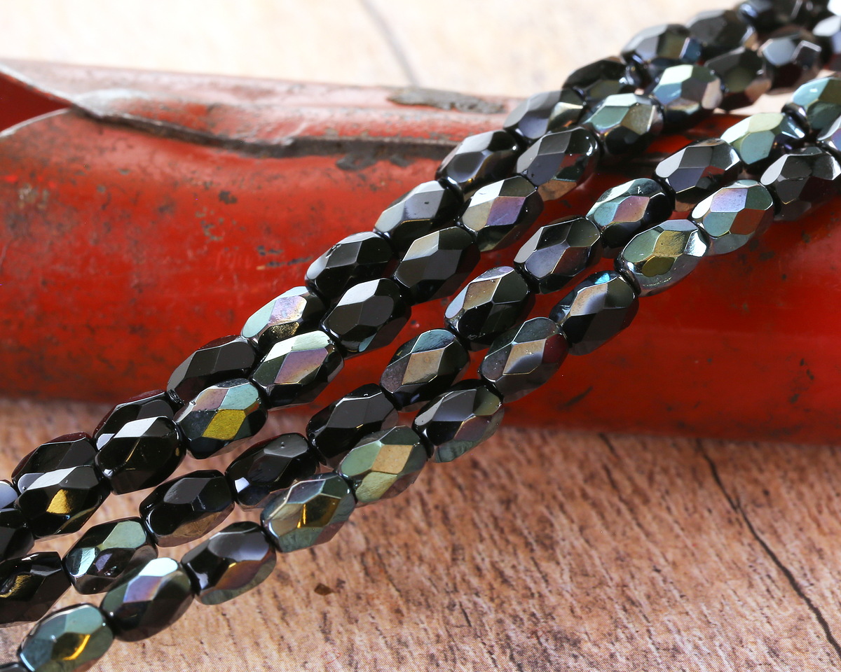 Czech Glass Jet w/ Silver AB Fire Polished Faceted Rice 8x6mm