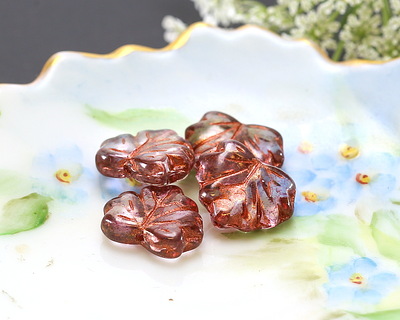 Czech Glass Crystal w/ Pink Luster & Copper Maple Leaf 11x13mm