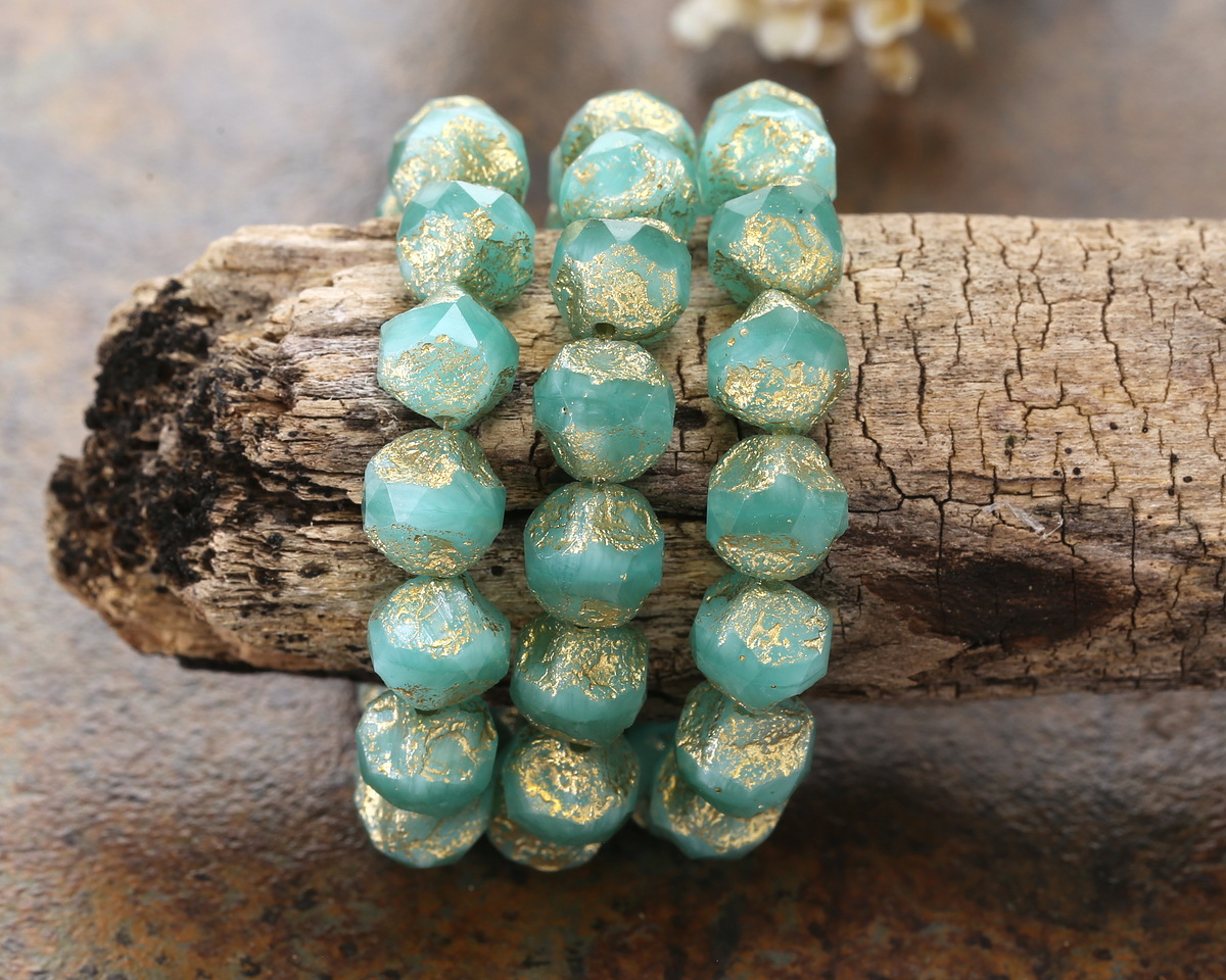 Czech Glass Textured Marbled Aqua Opal w/ Gold Wash Chandelier Cut 8mm