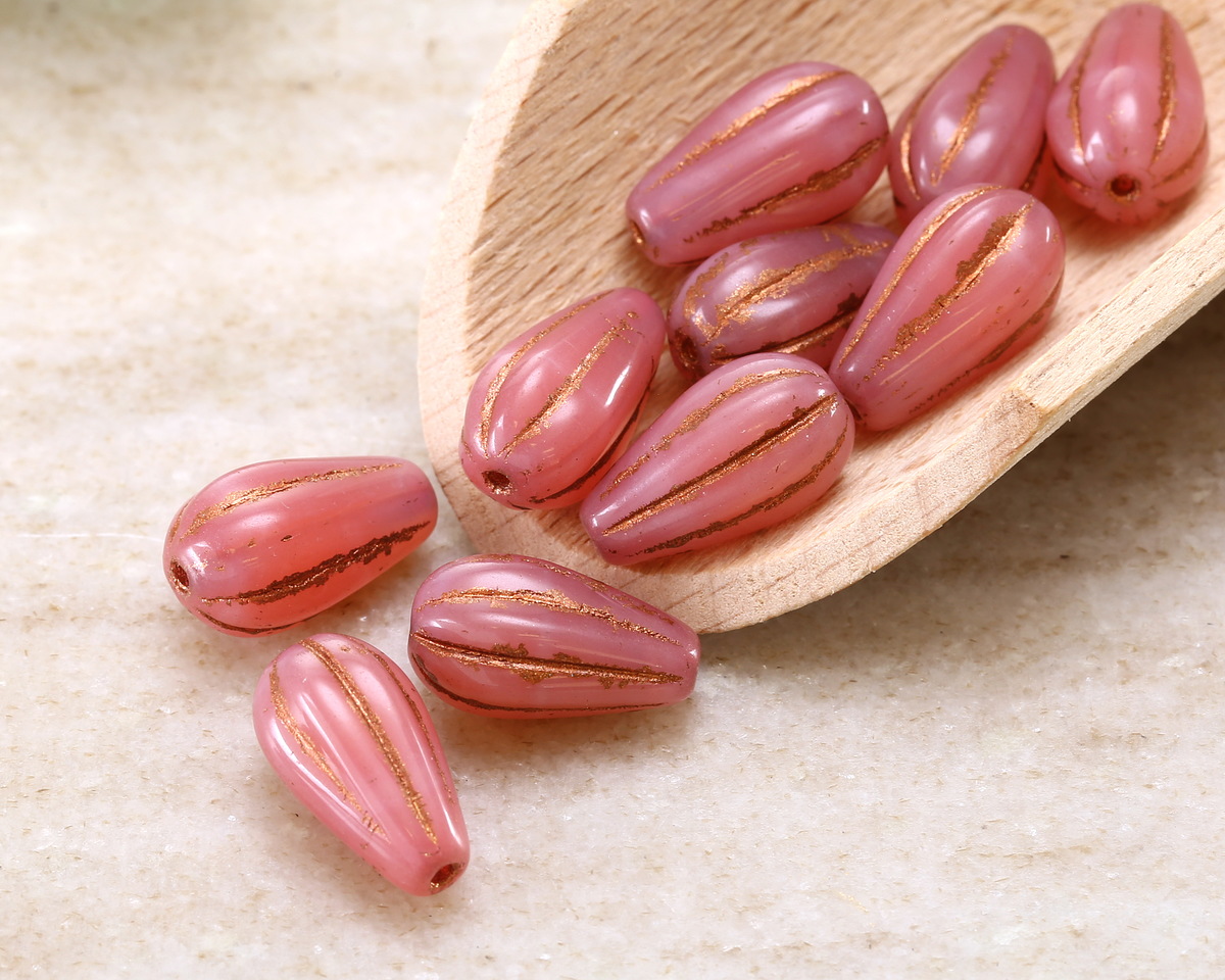 Czech Glass Pink Opal w/ Copper Melon Teardrop 15x8mm