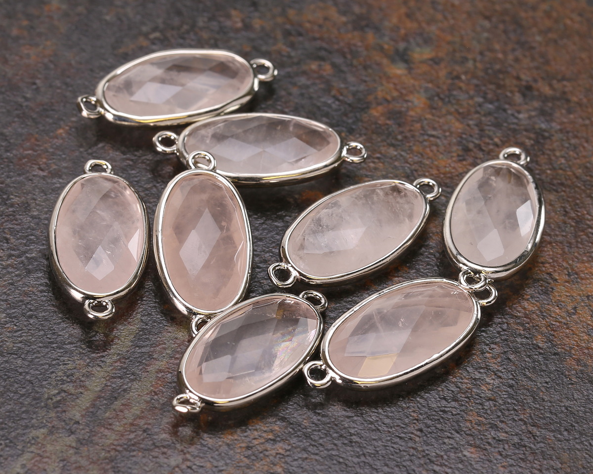 Rose Quartz (natural) Faceted Puff Oval Link w/ Silver Finish Bezel 12x20mm