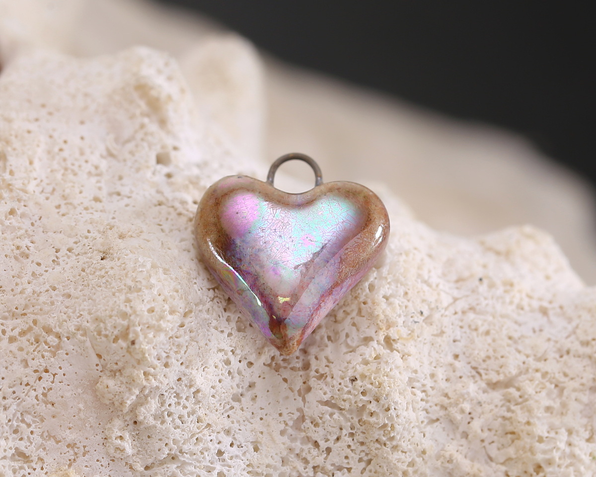 Gaea Ceramic Rose Pink w/ AB Luster Magic Love Heart Focal 14-16x13-14mm
