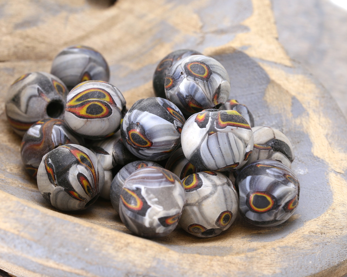 African Recycled Glass Swirled Grays w/ Red & Yellow Eyes Round 15-16mm