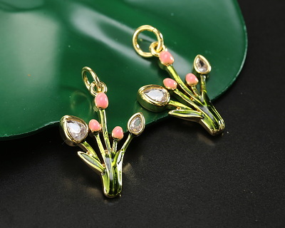 18k Gold (plated) Enamel & Crystal Tulip Blooms 13.5x18mm