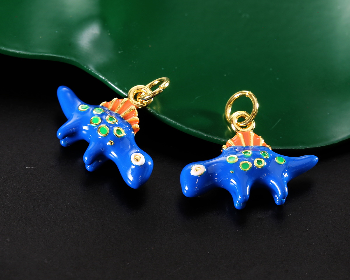 18k Gold (plated) Blue Enamel Cute Spinosaurus Dinosaur Focal 18.8x13mm