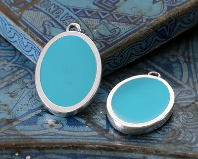 Antique Silver (plated) Aqua Enamel Oval Focal 16x25mm