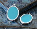 Antique Silver (plated) Aqua Enamel Oval Focal 16x25mm