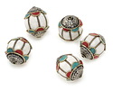 Nepalese White Shell & White Brass Cage w/ Coral & Turquoise Scallops Bead 28x22mm