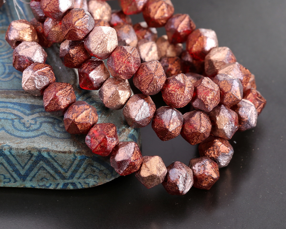 Czech Glass Textured Ruby w/ Copper English Cut Bead 7x8mm
