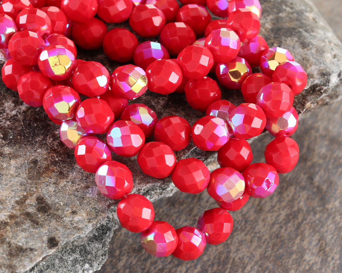 Czech Glass Cherry Red AB Fire Polished Round 8mm