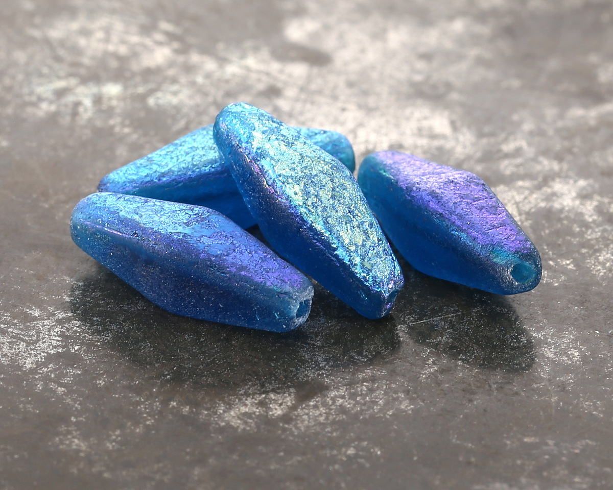Czech Glass Textured Pacific Blue AB Rhombus 20x8mm