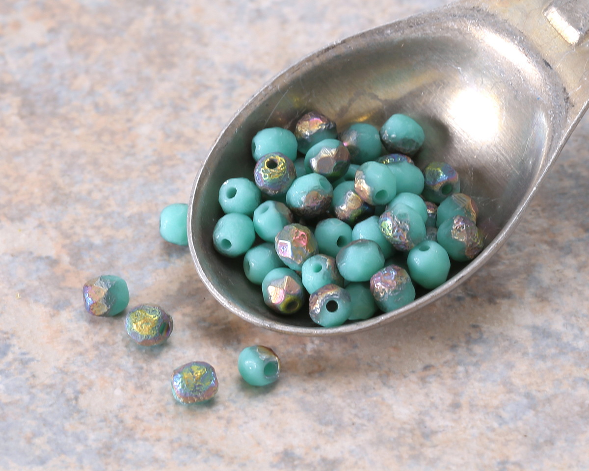 Czech Glass Textured Blue Turquoise w/ Vitrail Fire Polished Round 4mm