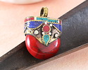 Nepalese Red Magnesite & Brass w/ Turquoise, Lapis & Coral Pendant 27x39mm