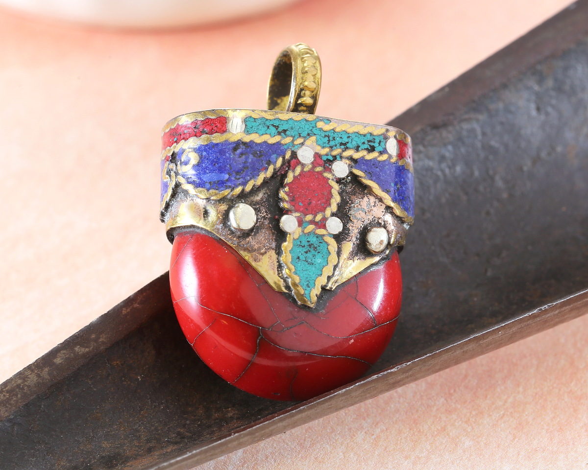 Nepalese Red Magnesite & Brass w/ Turquoise, Lapis & Coral Pendant 27x39mm
