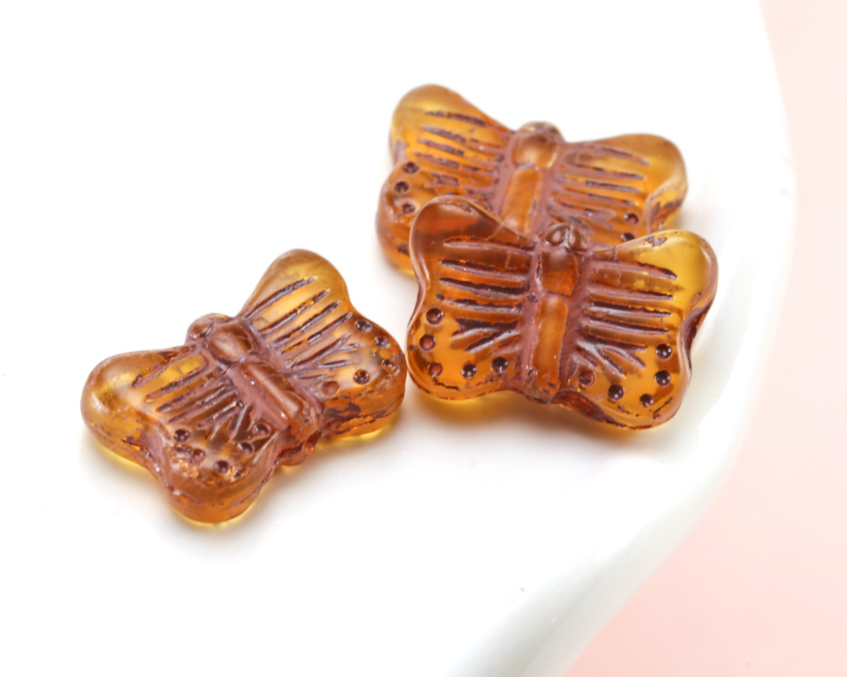 Czech Glass Matte Medium Topaz w/ Brown Wash Butterfly 16x11mm