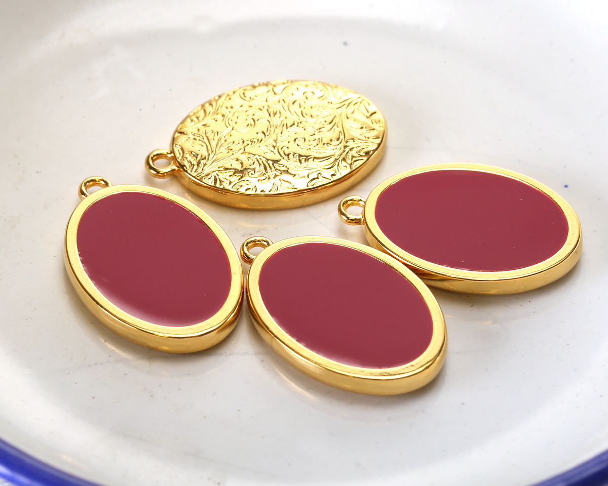 24K Gold (Plated) Cranberry Enamel Oval Focal 16x25mm