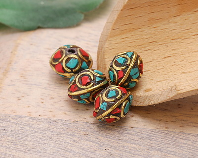 Nepalese Brass w/ Turquoise & Coral Mosaic w/ Rings Saucer Bead 9x11mm