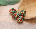 Nepalese Brass w/ Turquoise & Coral Mosaic w/ Rings Saucer Bead 9x11mm