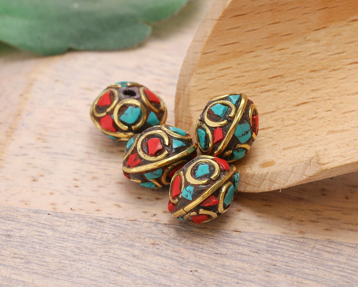 Nepalese Brass w/ Turquoise & Coral Mosaic w/ Rings Saucer Bead 9x11mm